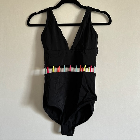 Peixoto Black Colorful MidBody Cut Out V Neck One Piece Swimsuit size Medium EUC - Picture 2 of 7